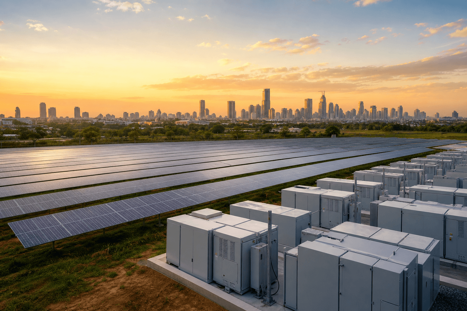 Solar farm with battery storage containers and a city skyline at golden hour