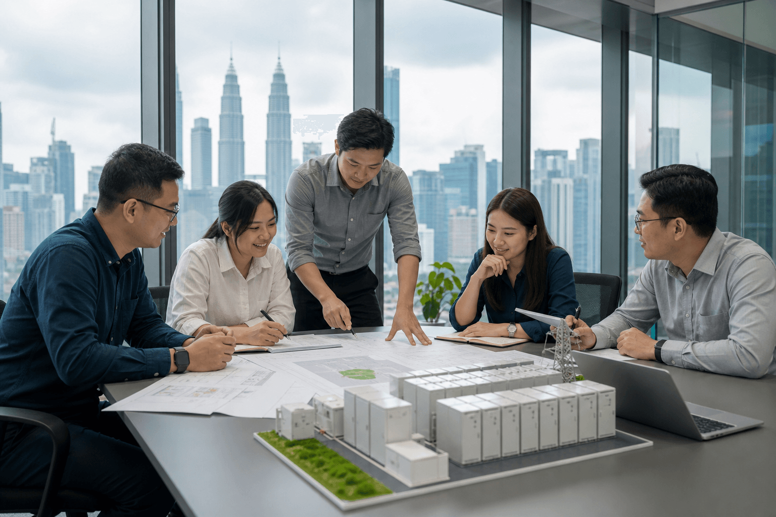 Solunar's Malaysian engineering team reviewing a Solar + BESS project in Kuala Lumpur