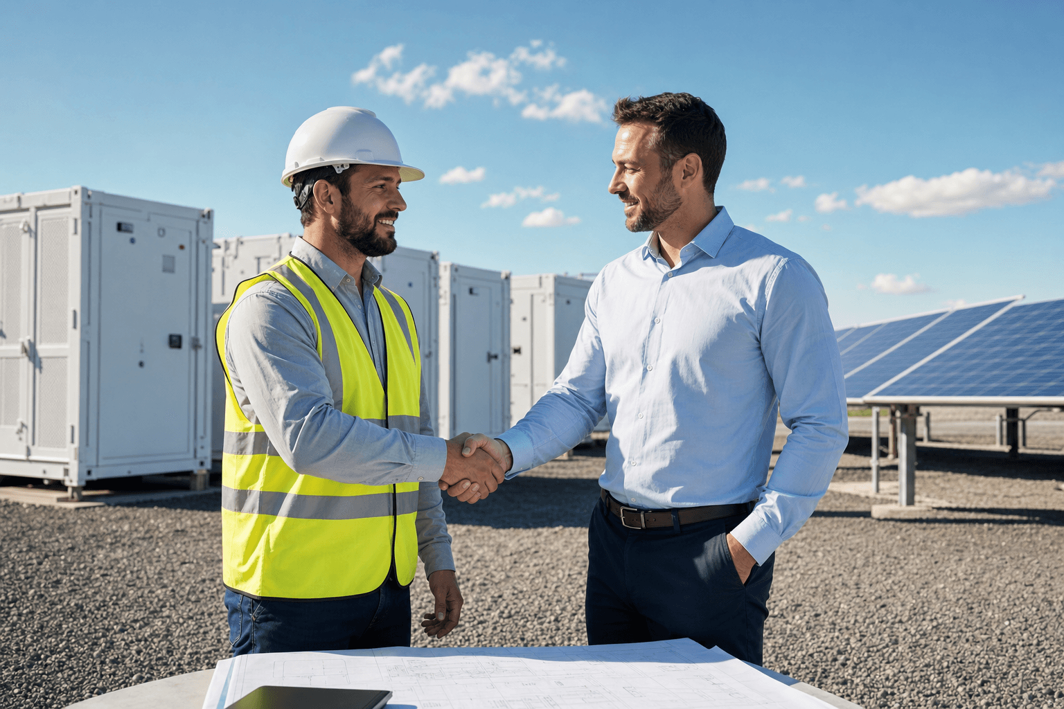 An EPCC contractor and a Solunar specialist shaking hands at a solar-plus-storage site