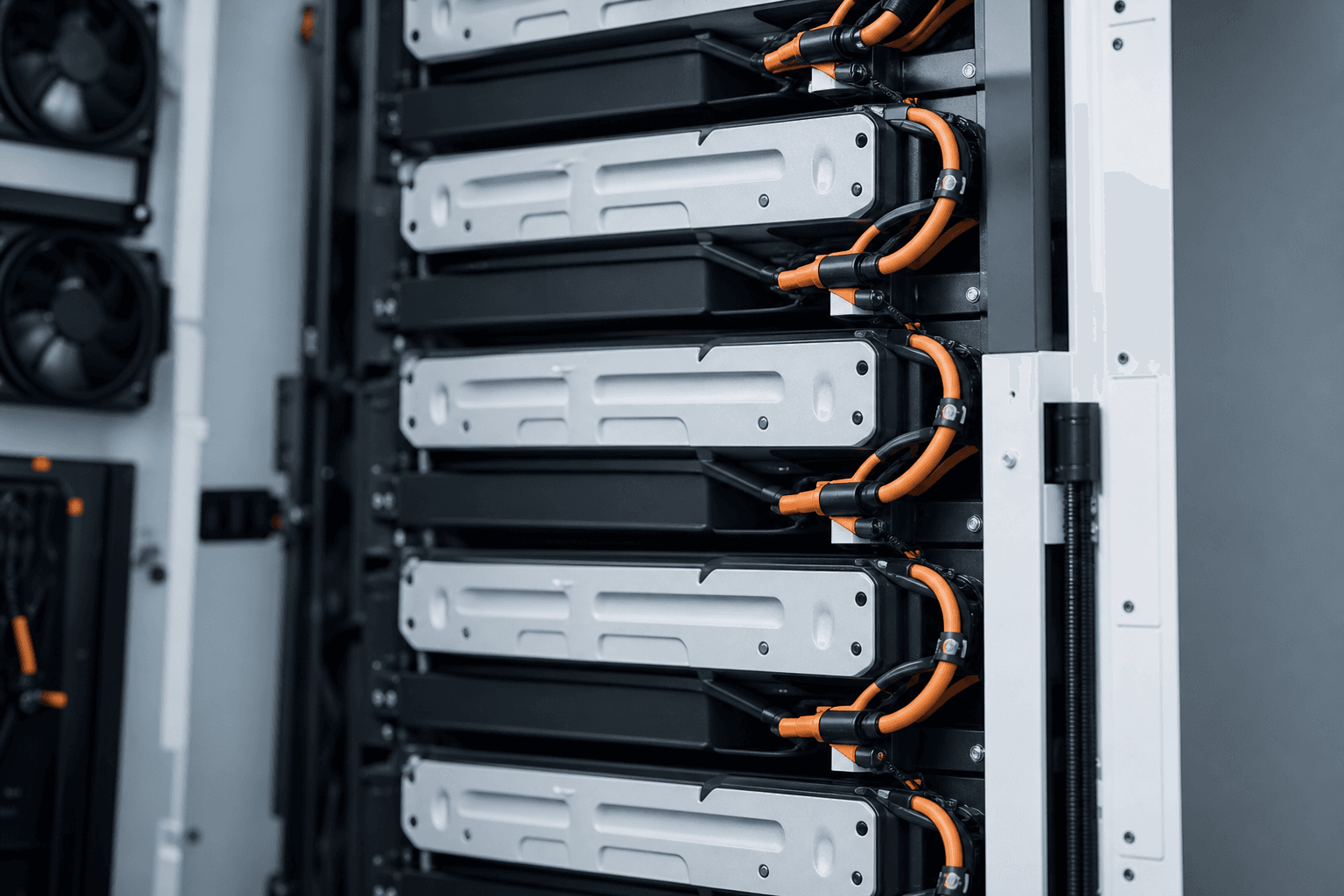 Close-up of LFP blade battery modules stacked neatly in a storage rack