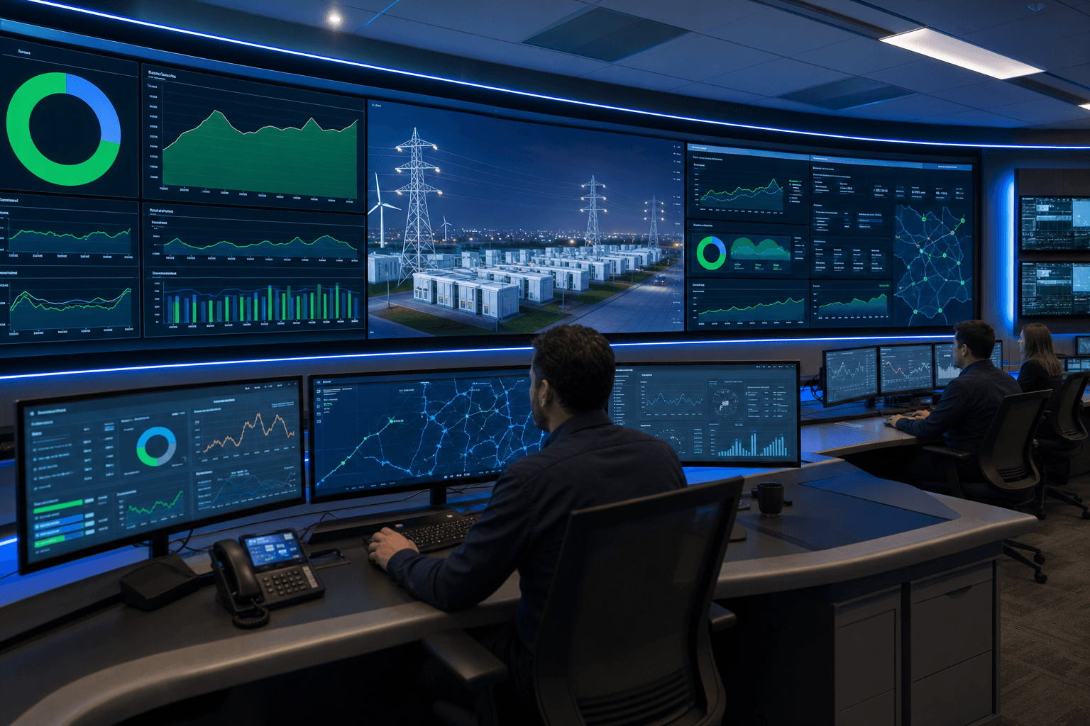 Energy control room monitoring battery storage state of charge and grid data
