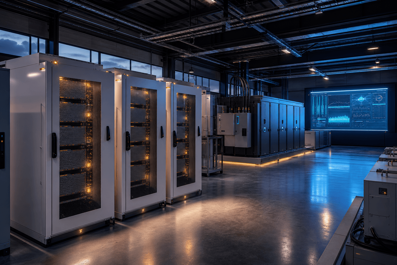 Battery cabinets integrated with PCS skids and an EMS control screen in a BESS facility