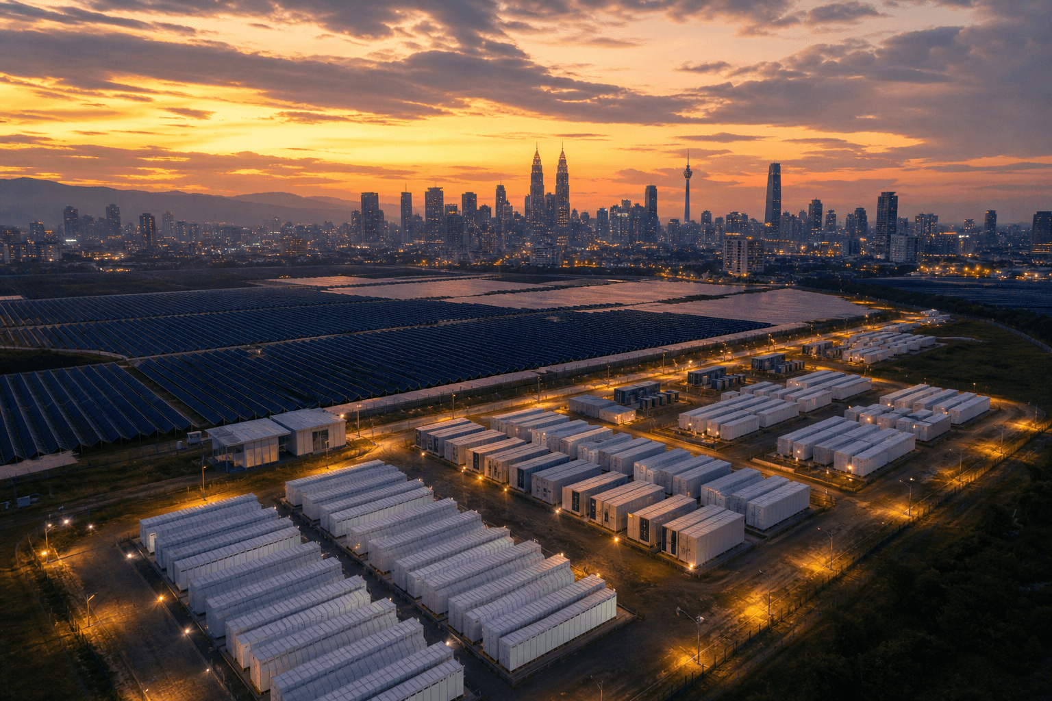 Solar farm with battery storage at dusk and a city skyline in Malaysia