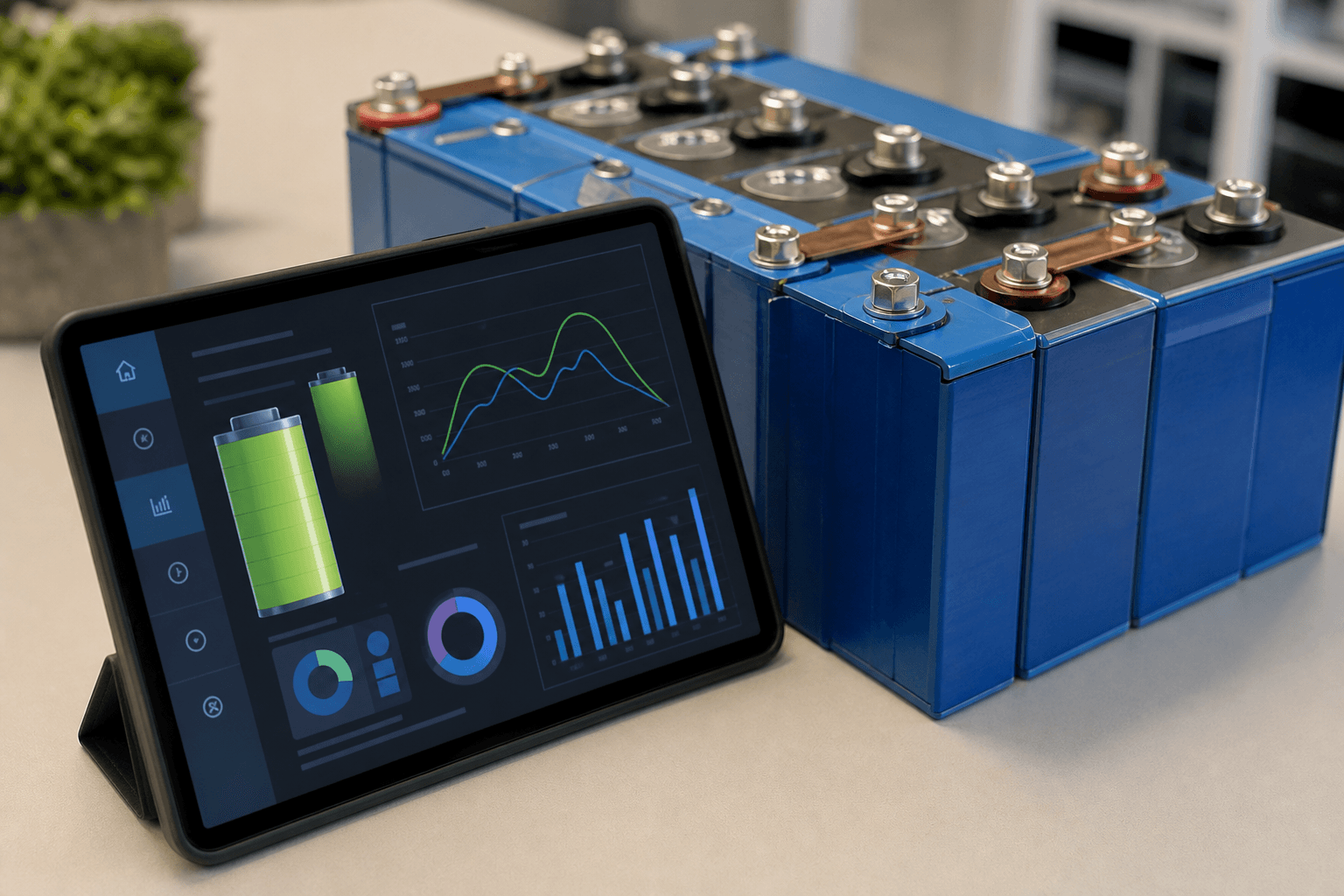 LFP battery modules beside an energy-management dashboard