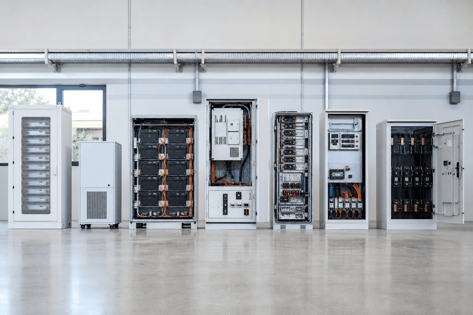 Several different battery storage cabinets lined up in an integration warehouse