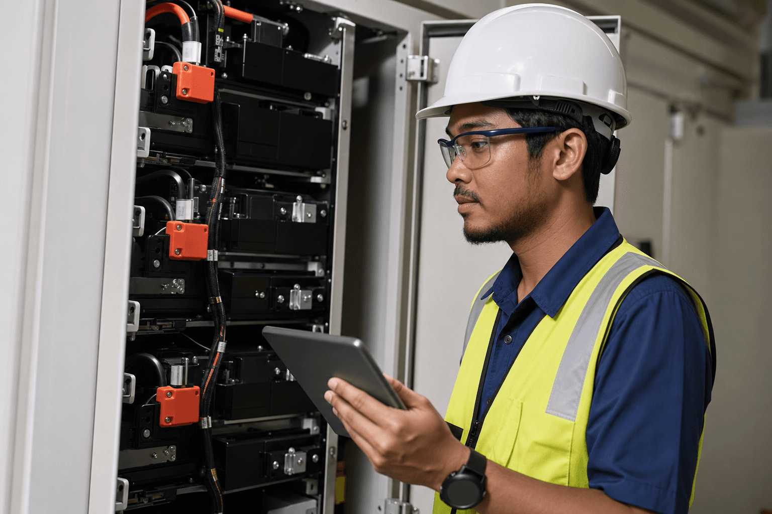 Technician in PPE inspecting an open battery storage cabinet with a tablet