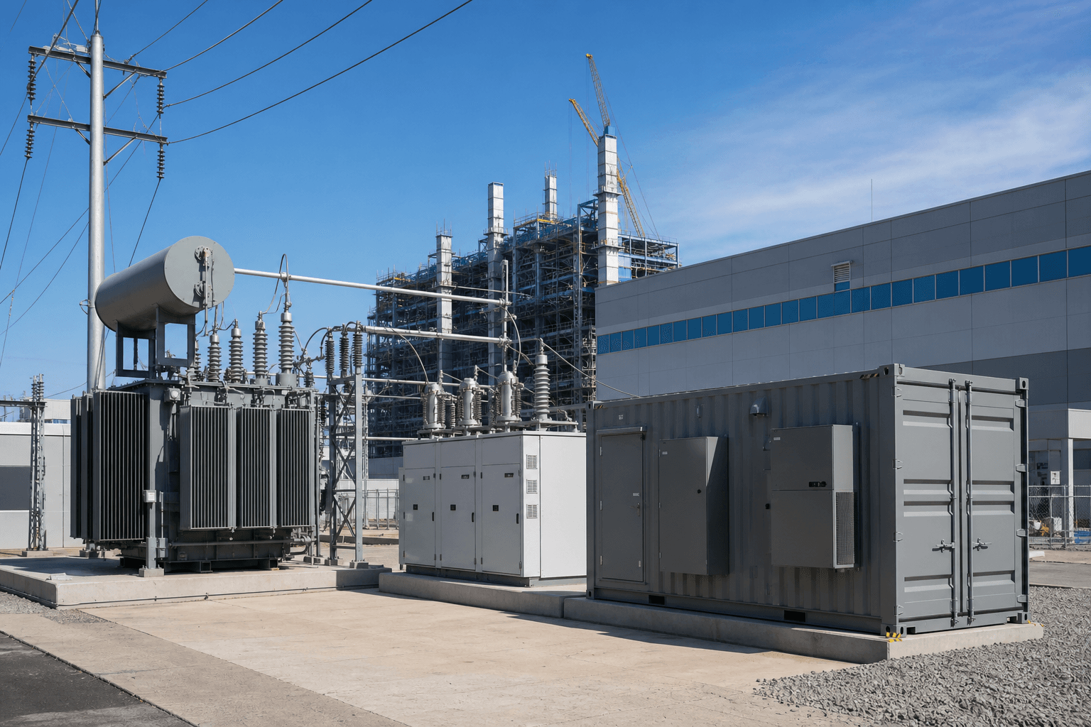 Industrial electrical yard with transformer, switchgear and a battery storage container supporting a factory expansion