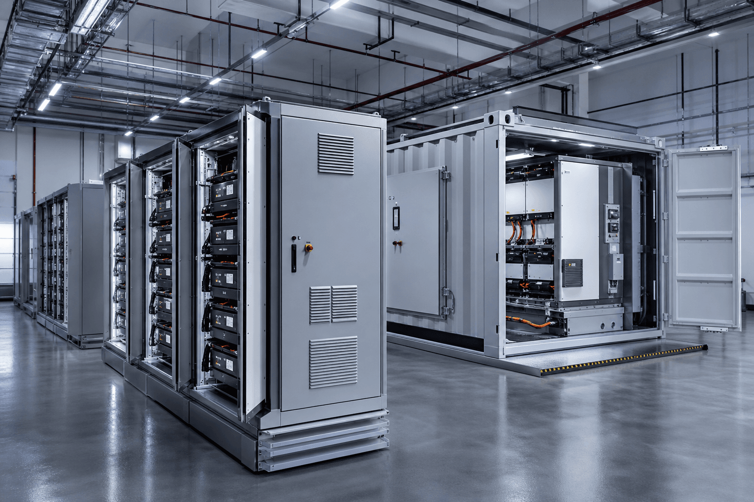Solunar battery storage cabinets being integrated and tested in a facility