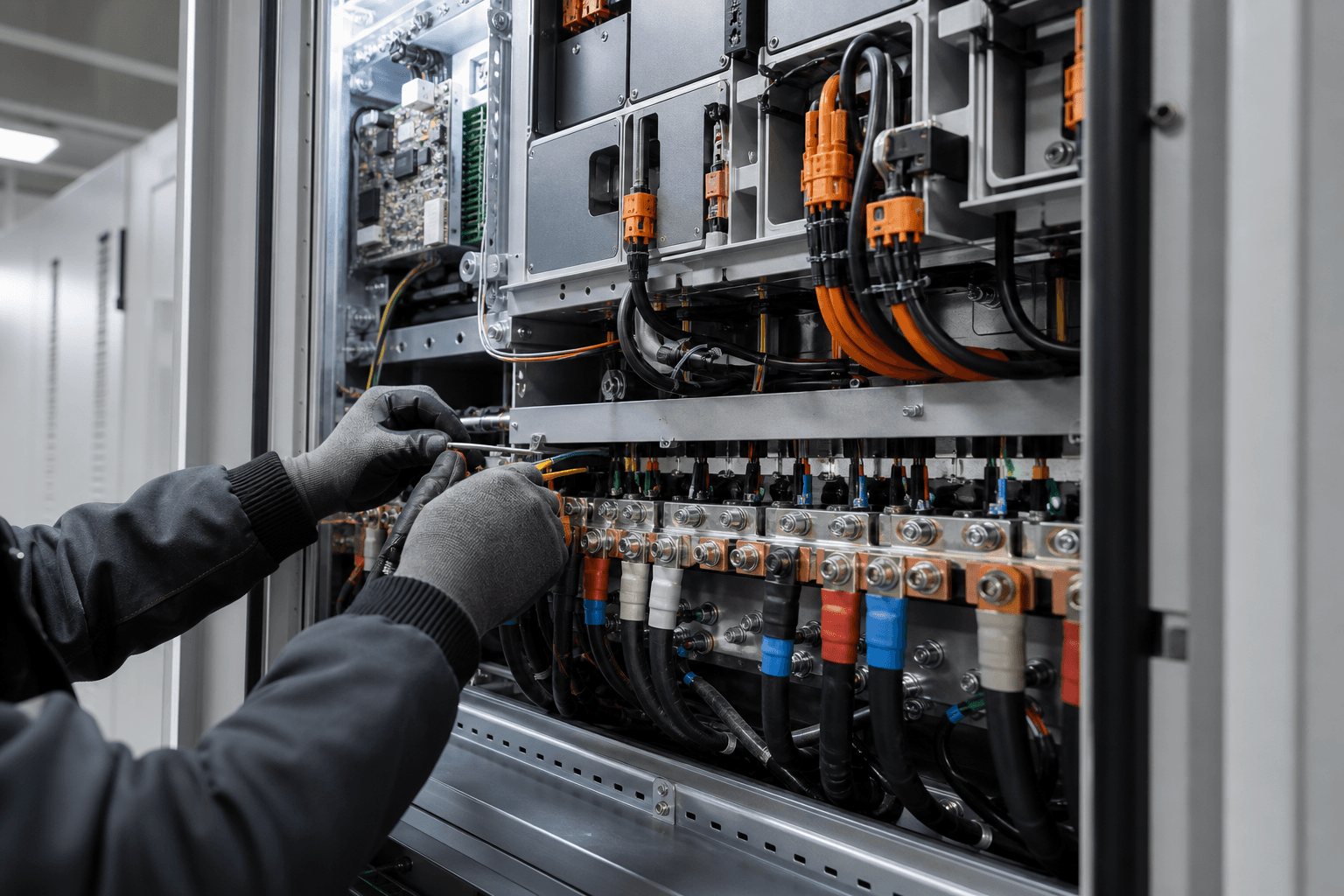 Technician wiring a power conversion system and energy management cabinet in a BESS room